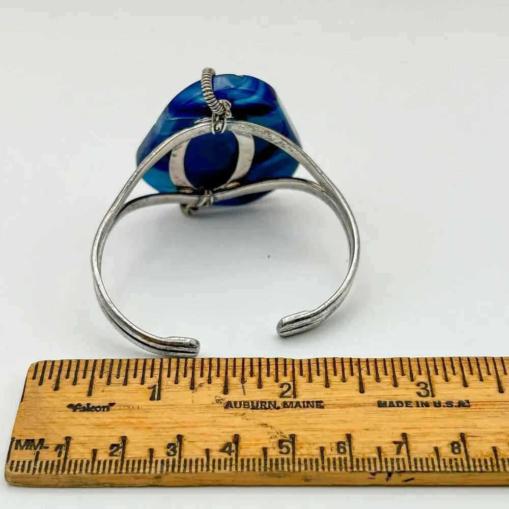 Sterling Silver 925 Blue Agate Cuff Bracelet Vintage Thailand Wire Wrapped
